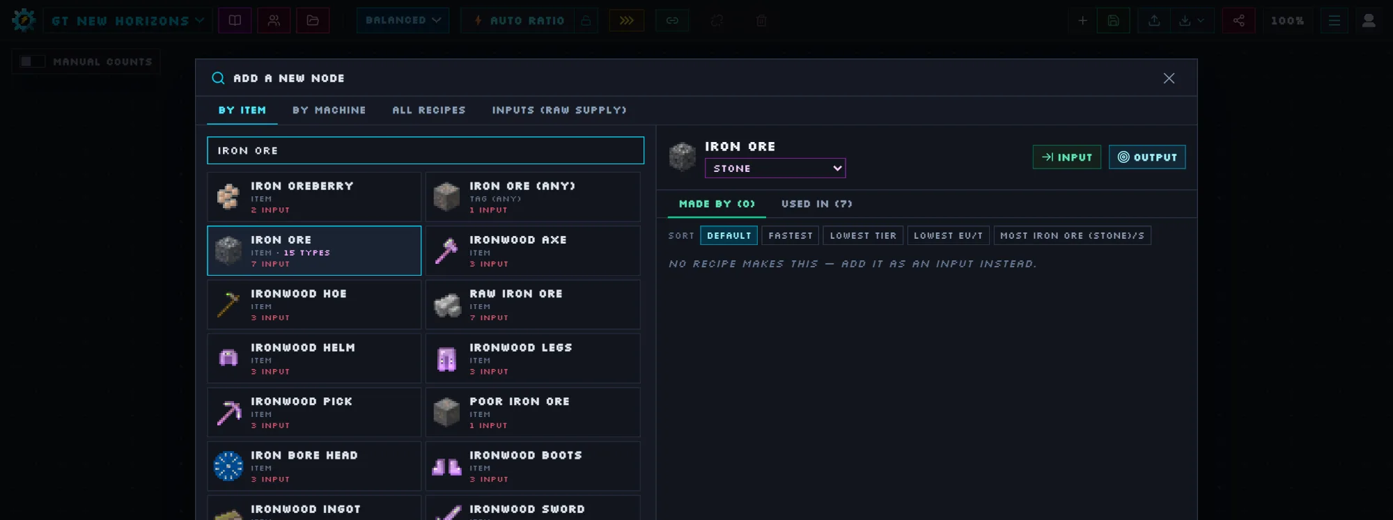Searching for Iron Ore in the GTNH recipe search, with 15 ore types grouped