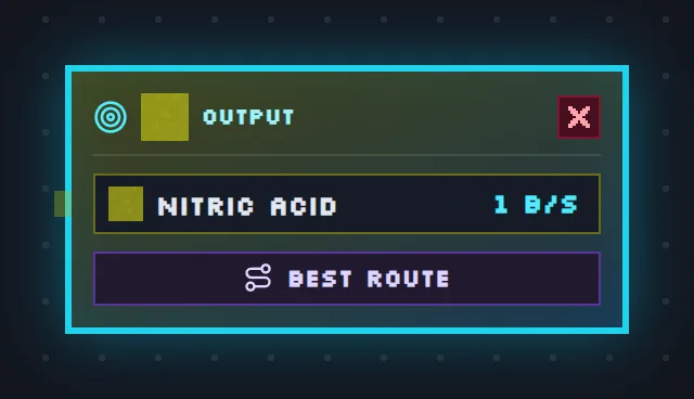 An Output node for Nitric Acid with its Best route button